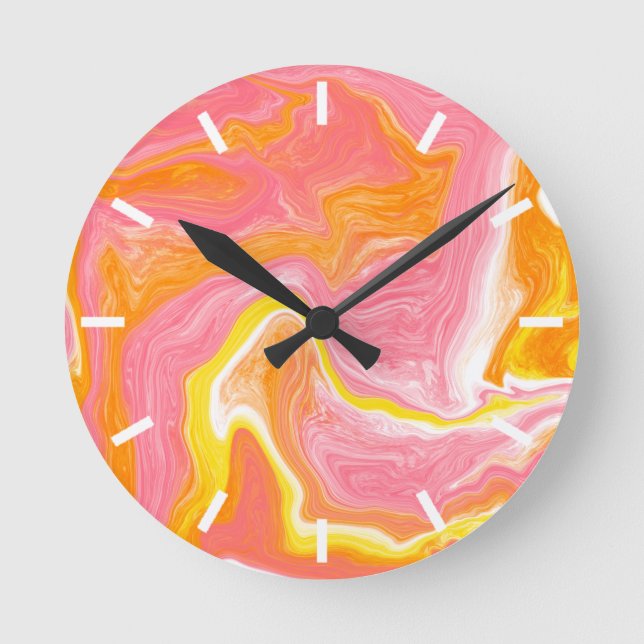 Reloj Redondo Mediano Arte rosa, Naranja y mármol amarillo (Anverso)