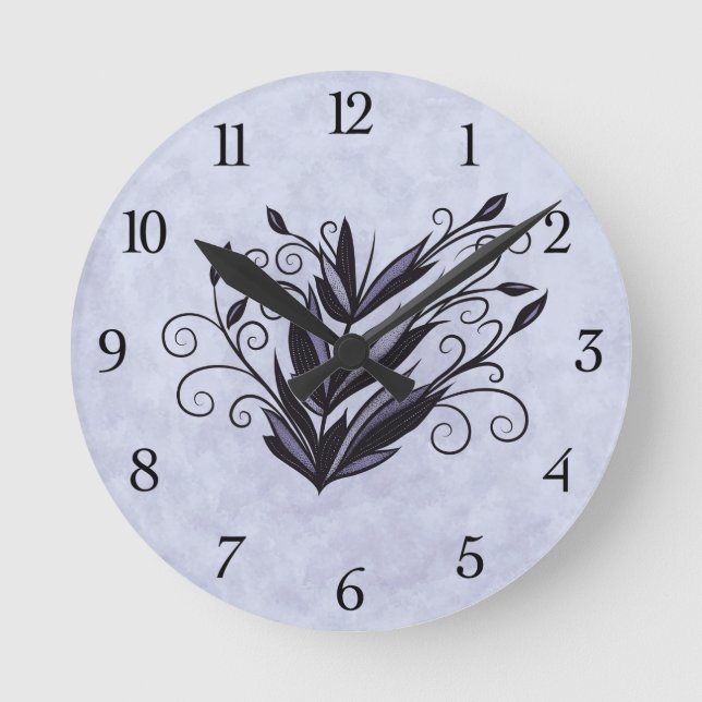 Reloj Redondo Mediano Arte vegetal gótico - Swirl floral negro y púrpura (Anverso)