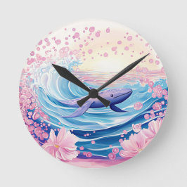 Reloj Redondo Mediano Artes De Ballenas Azules Y Rosa Singulares