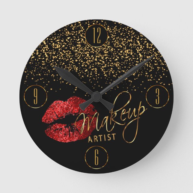 Reloj Redondo Mediano Artistas de maquillaje Labios Rojos y Confetti de  (Anverso)