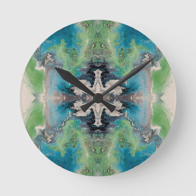 Reloj Redondo Mediano Artistic Fluid Abstract in Aqua & Green (Anverso)