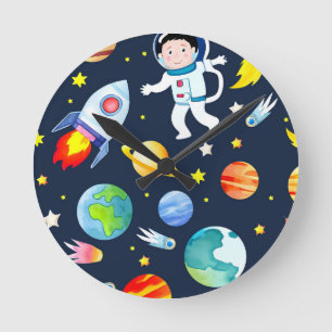 Reloj Redondo Mediano Astronauta en el patrón de planetas y cohetes espa