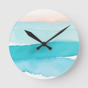 Reloj Redondo Mediano Atardecer acuarela Océano Turquesa