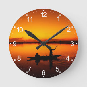 Reloj Redondo Mediano Atardecer, barco de remo en el mar
