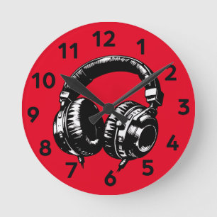 Reloj Redondo Mediano Auriculares de Música Negra DJ 