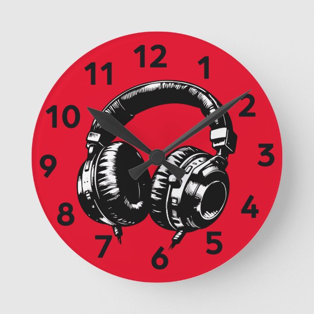 Reloj Redondo Mediano Auriculares de Música Negra DJ  (Anverso)
