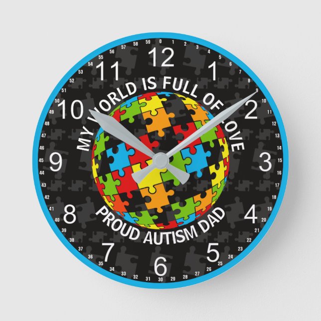 Reloj Redondo Mediano Autismo orgulloso y personalizado papá/Mamá mundo  (Anverso)