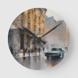 Reloj Redondo Mediano Auto azul vintage en el paisaje de la niebla