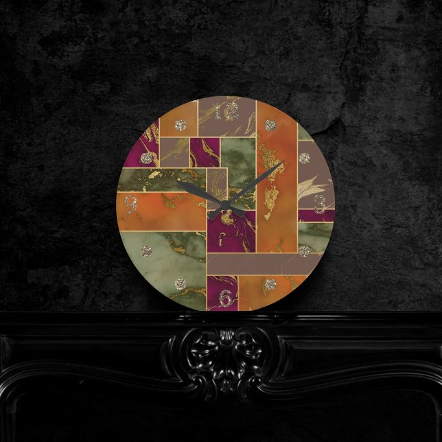 Reloj Redondo Mediano Autumn Luxury | Mármol geométrico de tono de joyas (Subido por el creador)