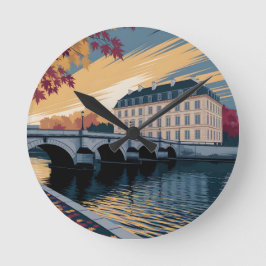 Reloj Redondo Mediano Autumn Riverside European City Illustration Art