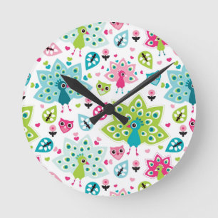 Reloj Redondo Mediano ave de pavo real y búho