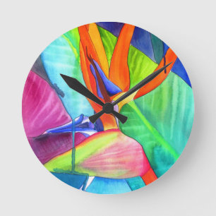 Reloj Redondo Mediano Ave del Paraíso Strelitzia flor arte tropical