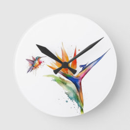 Reloj Redondo Mediano Ave del paraíso y colibrí en acuarela