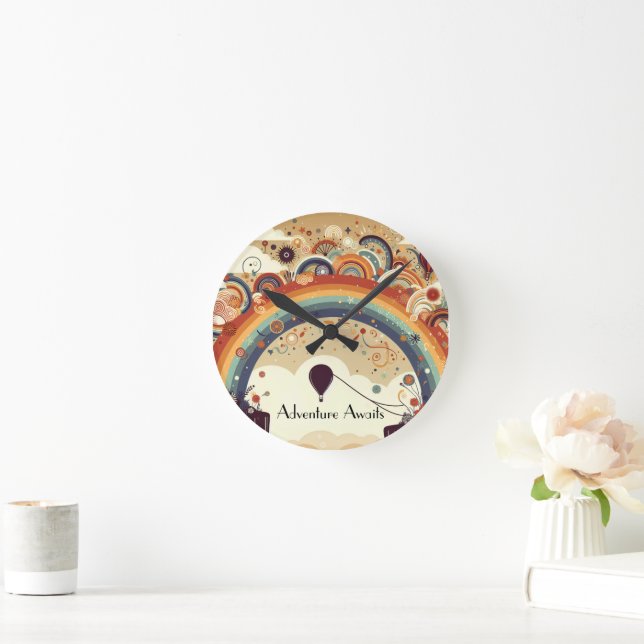 Reloj Redondo Mediano Aventura espera globos arcoiris y aire caliente (Hogar)