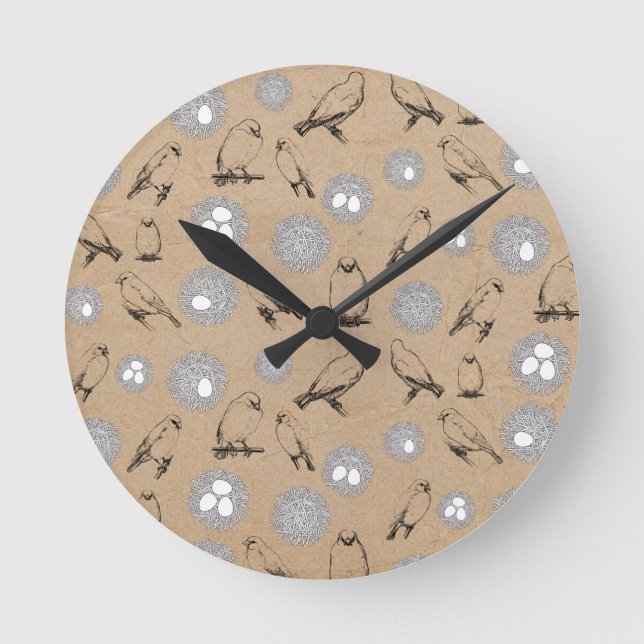 Reloj Redondo Mediano Aves de época y Nest Rustic Kraft Brown (Anverso)