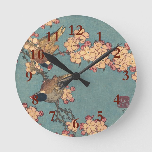 Reloj Redondo Mediano Aves flores Hokusai Arte Japonés (Anverso)