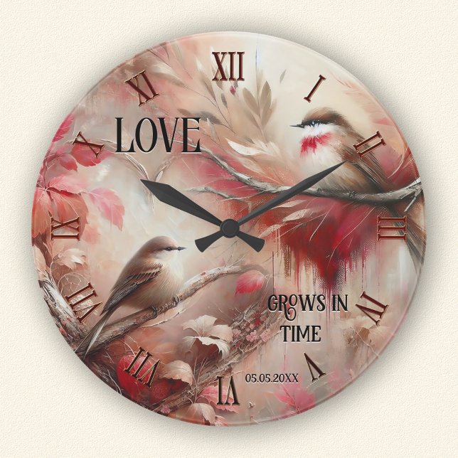 Reloj Redondo Mediano Aves románticas de amor (Wall clock featuring a whimsical painting of two cute birds - with classic elegant Roman numerals)