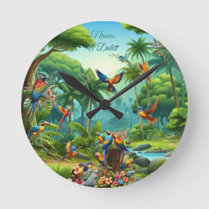 Reloj Redondo Mediano Aves tropicales coloridas entre una planta vibrant