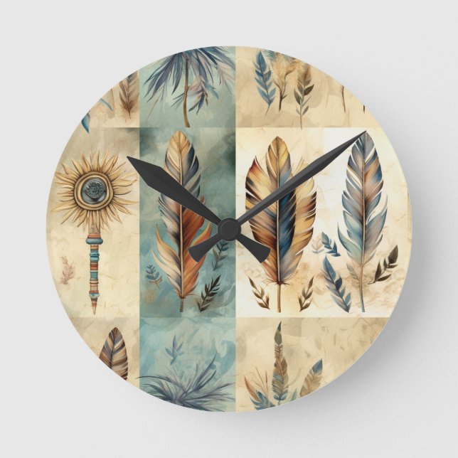Reloj Redondo Mediano Aztec Tribal Feathers Medicine Stick (Anverso)