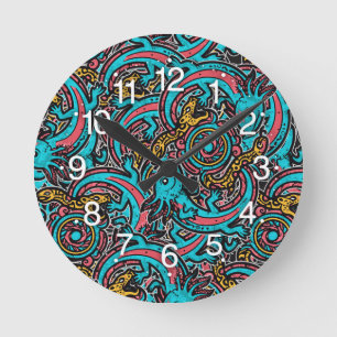 Reloj Redondo Mediano Azteca Axolotl Xolotl Patrón Tribal mitología boho