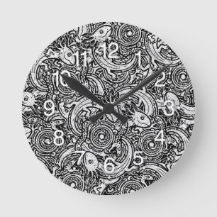 Reloj Redondo Mediano Azteca Axolotl Xolotl Patrón Tribal Negro & Blanco