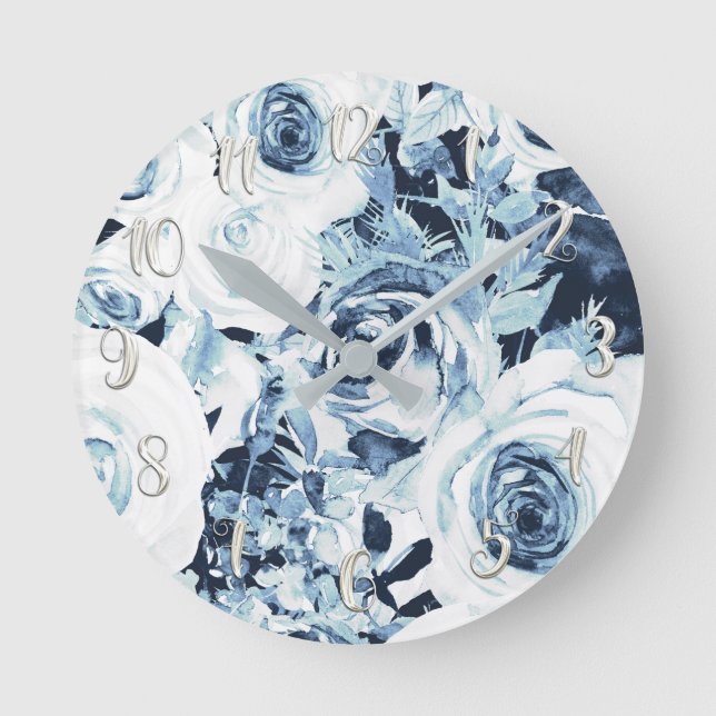 Reloj Redondo Mediano Azul Blanco Plateado Invierno Chic Desgastado Rosa (Anverso)
