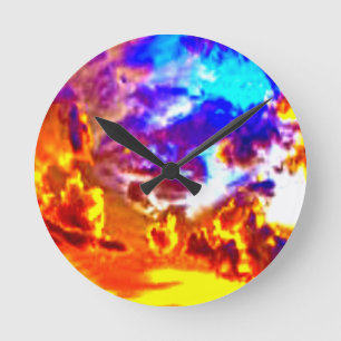 Reloj Redondo Mediano Azul cielo artístico, Naranja y amarillo