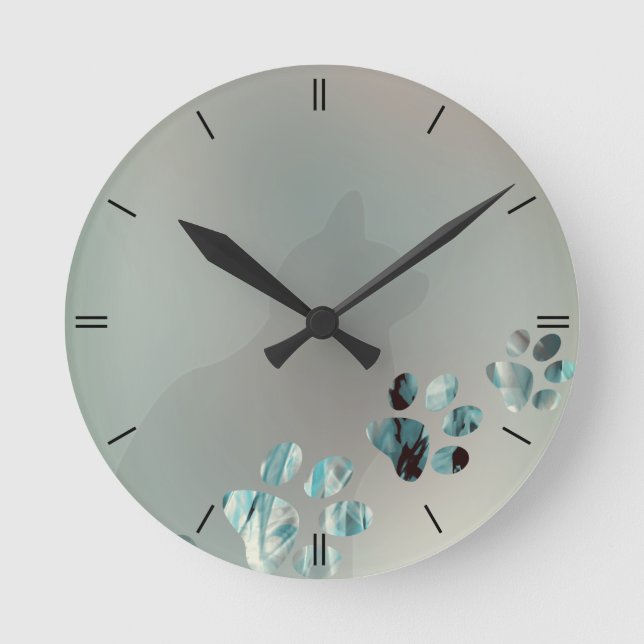 Reloj Redondo Mediano Azul claro de la parrilla del gato negro (Anverso)