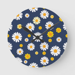 Reloj Redondo Mediano Azul Marino Amarillo Floral Simple Patrón Retro de