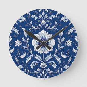 Reloj Redondo Mediano Azul Marino Porcelana Patrón Floral