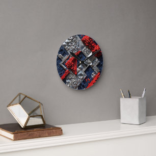Reloj Redondo Mediano Azul oscuro Rojo vivo Micro Mosaico 3D Plateado