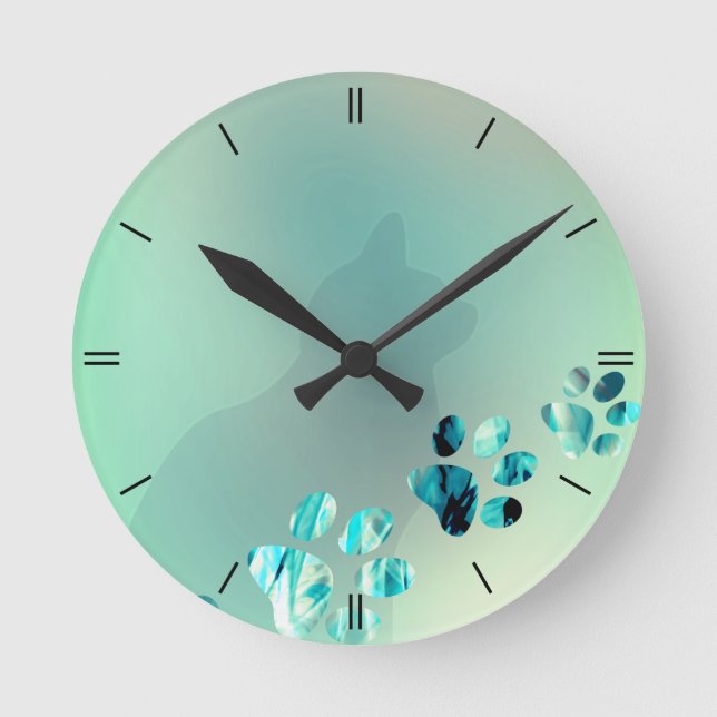 Reloj Redondo Mediano Azul pálido de gato Verde azulado (Anverso)