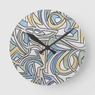 Reloj Redondo Mediano Azul Verde Amarillo Celosía - Pintado a Mano Abstr