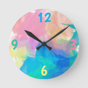 Reloj Redondo Mediano Azul, Verde, Melocotón, Salpicadura de pintura azu