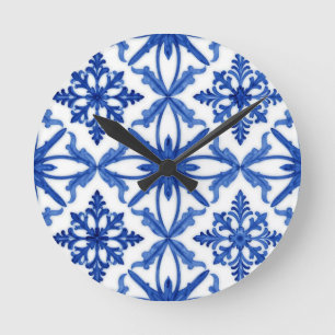 Reloj Redondo Mediano Azulejo de baldosas Floral Azul Blanco Patrón