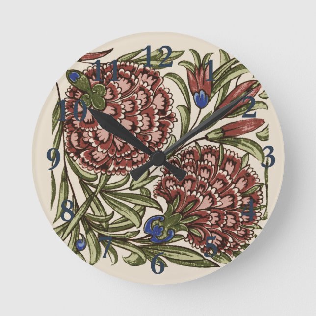 Reloj Redondo Mediano Azulejo de Flor de Clavel Antiguo Rústico Arte De  (Anverso)