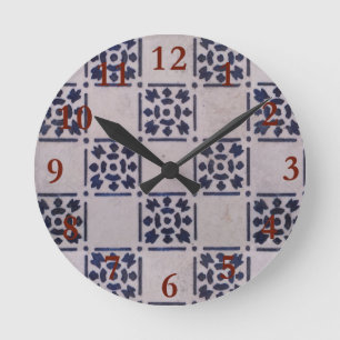 Reloj Redondo Mediano Azulejo holandés azul blanco patrón antiguo