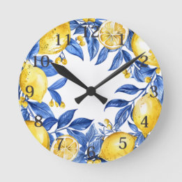 Reloj Redondo Mediano Azulejos de Limón Siciliano Patrón Mediterráneo Do
