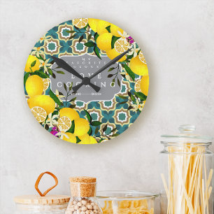 Reloj Redondo Mediano Azulejos Mediterráneos Limón Gris Azul