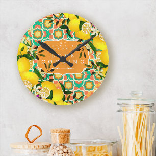 Reloj Redondo Mediano Azulejos Mediterráneos Limón Naranja