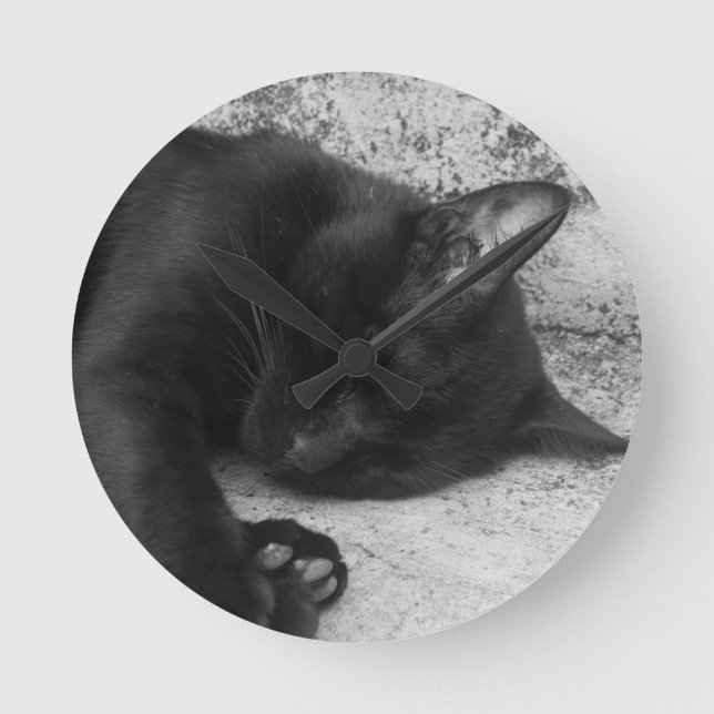 Reloj Redondo Mediano B&W - Gato Durmiendo (Anverso)
