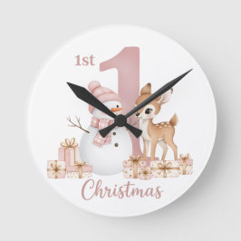 Reloj Redondo Mediano Baby Girl First Christmas Snowman Deer