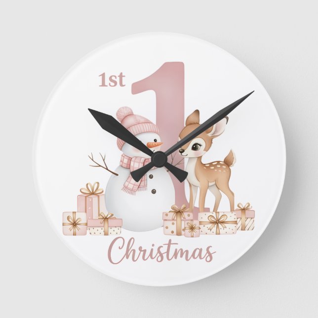 Reloj Redondo Mediano Baby Girl First Christmas Snowman Deer (Anverso)