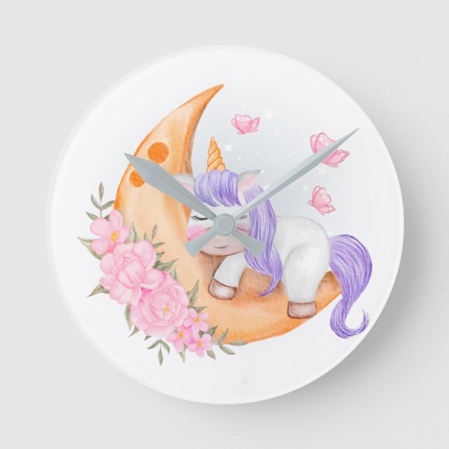Reloj Redondo Mediano Baby Unicorn Over The Moon with Flowers (Anverso)