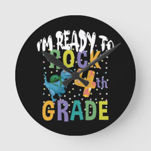 Reloj Redondo Mediano Back To School I'm Ready To Rock 4th Grade Dino