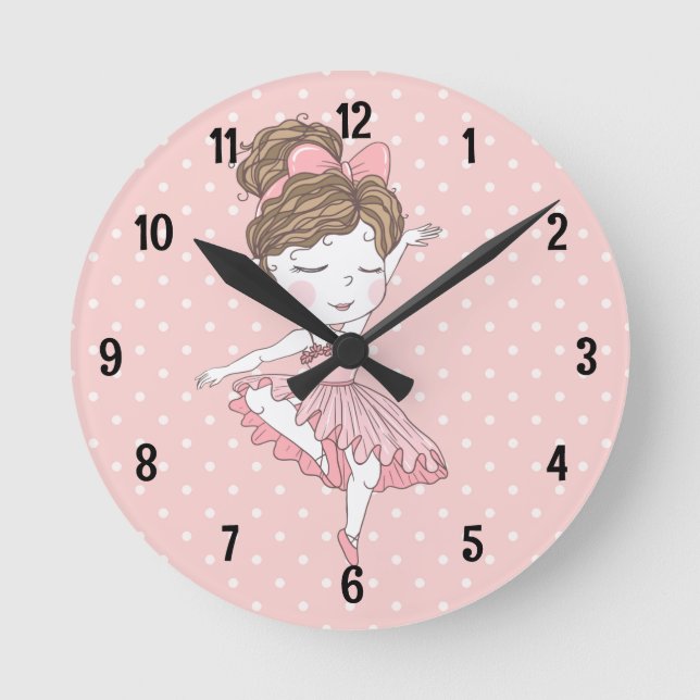 Reloj Redondo Mediano Bailarina de puntos polka rosados (Anverso)