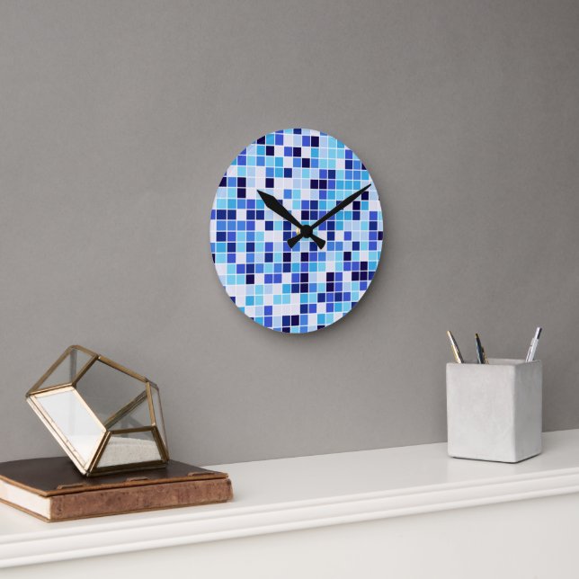 Reloj Redondo Mediano Baldosas de piscina, mosaicos azules, patrón geomé (Oficina)