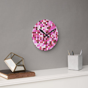 Reloj Redondo Mediano Baldosas de piscina, mosaicos rosados, patrón geom