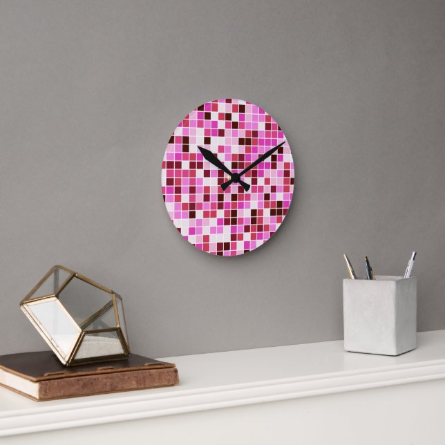 Reloj Redondo Mediano Baldosas de piscina, mosaicos rosados, patrón geom (Oficina)