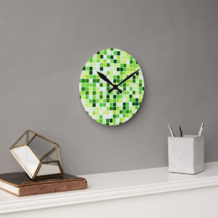 Reloj Redondo Mediano Baldosas de piscina, mosaicos verdes, patrón geomé